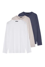 Trendyol Dark Grey-Beige-White Men's Regular/Normal Cut Crew Neck Long Sleeve 3-Piece Basic Package T-Shirt