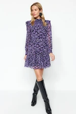 Trendyol Purple Belted Mini Woven Lined Ruffle Detail Woven Dress