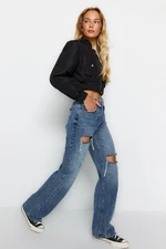 Trendyol Blue Ripped High Waist Wide Leg Jeans