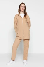 Trendyol Camel Hooded Zippered Knitted Tracksuit Set