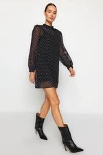 Trendyol Black Stone Button Detailed Polka Dot Lined Mini Chiffon Woven Dress