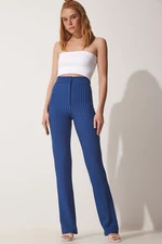 Happiness İstanbul Women's Indigo Blue High Waist Striped Trousers