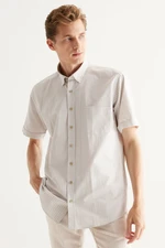 ALTINYILDIZ CLASSICS Men's White-beige Comfort Fit Relaxed Cut Button Collar Checkered Short Sleeve Shirt