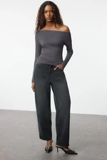 Trendyol Anthracite Plain Premium Soft Fabric Fitted/Fits the Body Boat Neck Knitted Blouse