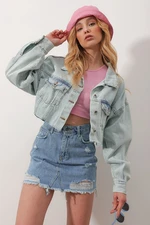 Trend Alaçatı Stili Dámské Modré Dvojitá Kapsa Laser Cut Crop Jean Jacket