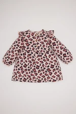 DEFACTO Baby Girl Leopard Print Crew Neck Button Long Sleeve Dress