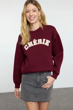 Trendyol Claret Red Thick Polar Fleece Oversize/Relaxed Cut Slogan Embroidered Knitted Sweatshirt