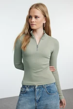 Trendyol Mint Fitted/Fits the Body Zipper Collar Flexible Knitted Blouse