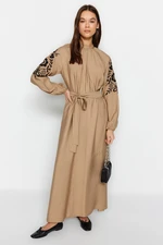 Trendyol Beige Belted Embroidery Detailed Wide Fit Woven Linen Look Dress