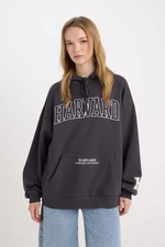 DEFACTO Women's Anthracite Harvard University Oversize Fit Wide-Size Hooded Printed Thick Sweatshirt