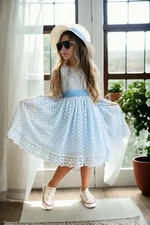 N8712 Dewberry Princess Model Girls Dress with Hat & Lace-BLUE