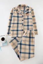 Trendyol Navy Blue Embroidered Plaid Fleece Winter Knitted Pajama Set