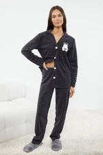 Trendyol Anthracite Polka Dot Animal Printed Polar Fleece Winter Knitted Pajama Set