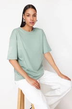 Trendyol Mint 100% Cotton Sleeve Slogan Printed Relaxed/Comfortable Fit Knitted T-Shirt