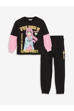 LC Waikiki Girls' Crew Neck Printed Long Sleeve Sweatshirt and Sweatpants