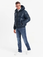 Ombre Warm men's puffer jacket with welts - navy blue