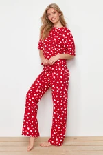 Trendyol Red 100% Cotton Heart Patterned Knitted Pajama Set