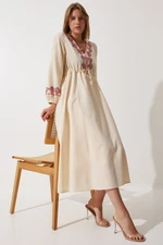 Happiness İstanbul Women's Cream Embroidery Detailed Oversize Linen Dress