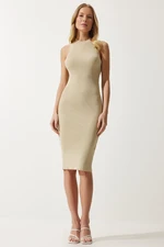 Happiness İstanbul Women's Beige Ribbed Saran Knitwear Dress