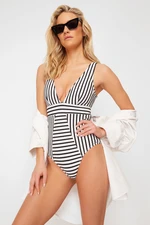 Trendyol Black-White V-Neck Collar Regular Swimsuit