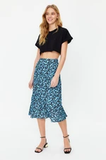 Trendyol Blue Flounce Viscose Fabric Animal Pattern Midi Woven Skirt