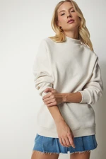 Happiness İstanbul Women's Beige High Neck Basic Raised Sweatshirt