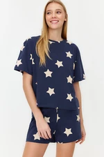 Trendyol Navy Blue 100% Cotton Star Patterned T-shirt-Shorts Knitted Pajama Set