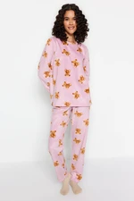 Trendyol Pink Fleece Teddy Bear Patterned Winter Knitted Pajamas Set