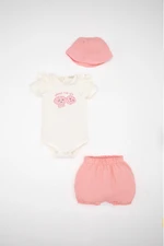 DEFACTO Baby Girl 3-Piece Set Printed Muslin Fabric Short Sleeve Snapback Bodysuit Shorts Hat