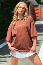 Trend Alaçatı Stili Women's Brown Crew Neck Front Embroidered Oversized T-Shirt