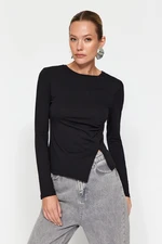 Trendyol Black Single Slit Detail Cotton Gathered Crew Neck Knitted Blouse