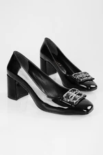 Shoeberry Women's Letizia Black Patent Leather Buckled Heel Shoes