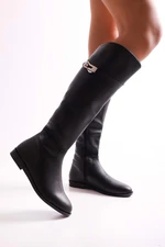 Shoeberry Women's Meroni Black Buckle Boots with Black Skin.