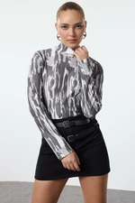 Trendyol Anthracite Printed Fitted Stand-Up Collar Long Sleeve Sweater/Textured Knitted Blouse