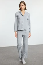 Trendyol Gray Melange Striped Soft Touch Piping Viscose Knitted Pajama Set