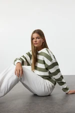 Trendyol Khaki Thick Polar Fleece Striped Regular/Normal Pattern Crew Neck Knitted Sweatshirt