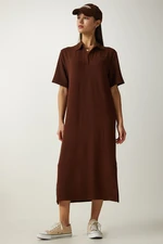 Happiness İstanbul Women's Brown Polo Neck Knitted Corduroy Dress