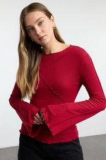 Trendyol Claret Red Ribbed Detailed Fitted/Fits the Body Spanish Sleeve Knitted Blouse