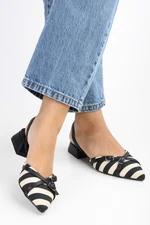 Shoeberry Women Ciao Black Linen Striped Buckled Ballerinas