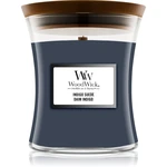 Woodwick Indigo Suede vonná sviečka s dreveným knotom 85 g