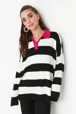 Trendyol Black Striped Polo Neck Knitwear Sweater