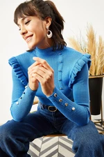 Olalook Women's Saxon Blue Frilly Button Detailed Waist Knitwear Sweater