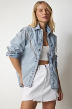 Happiness İstanbul Women's Light Blue Chain Detailed Denim Shirt Jacket