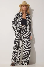 Happiness İstanbul Women's Black and White Patterned Viscose Shirt and Pants Suit