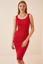 Happiness İstanbul Women's Red Ribbed Knitted Dress with Straps