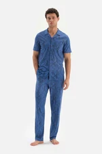 Dagi Blue Shirt Collar Printed Size Cotton Modal Pajamas Set