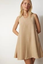 Happiness İstanbul Women's Beige V-Neck Linen A-Line Dress