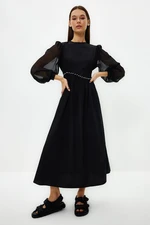 Trendyol Black Sleeve Chiffon Waist Pearl Detailed Dress