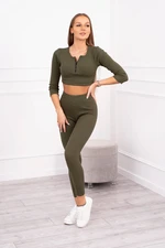 Ribbed crop top set in khaki color