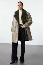 Trendyol Khaki Fur Collar Oversize Long Coat